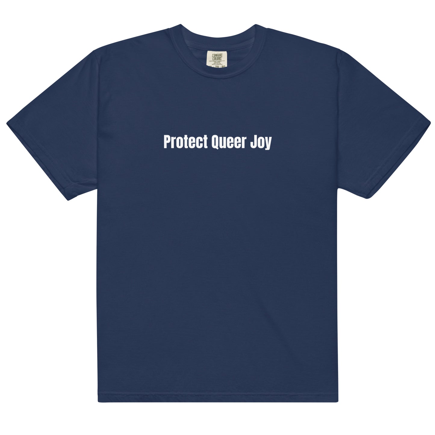 Navy t-shirt with 'Protect Queer Joy' text on a white background