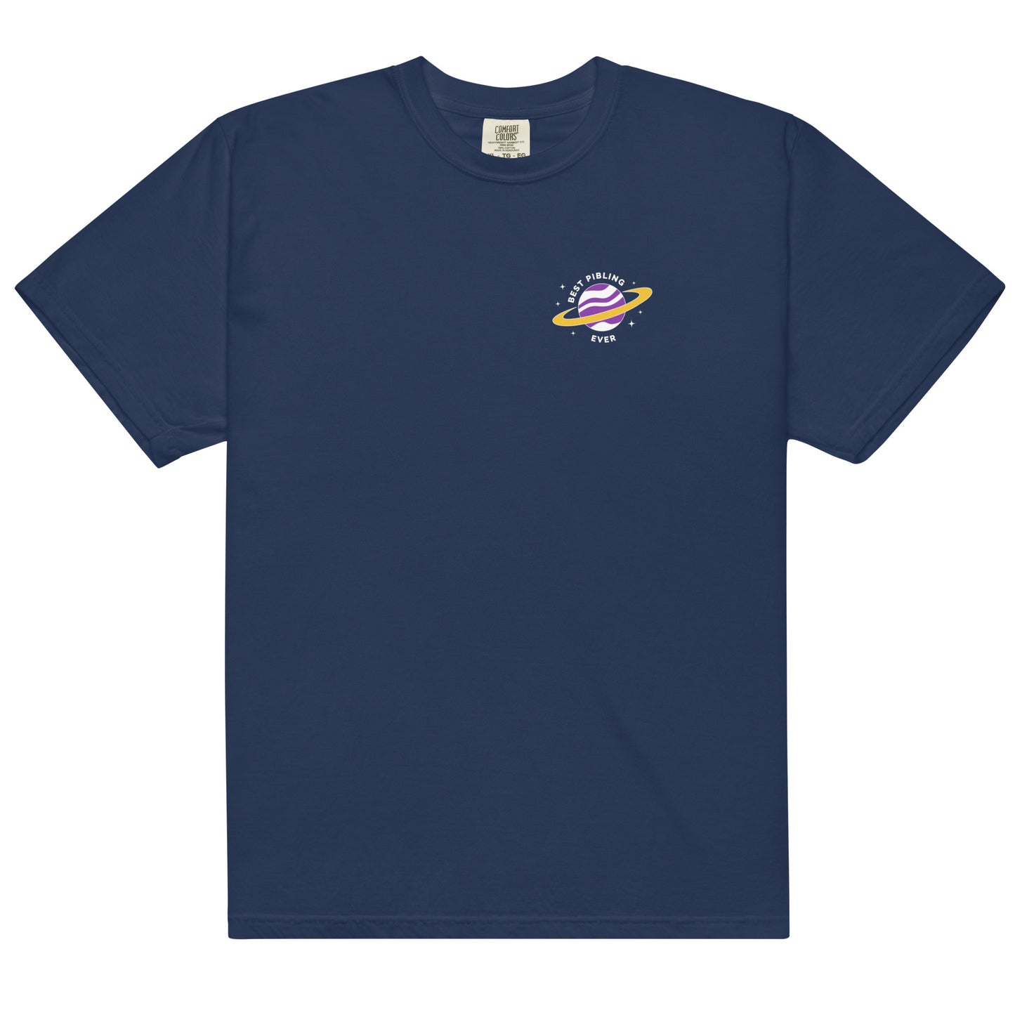 Navy blue t-shirt with a small logo on the chest against a white background