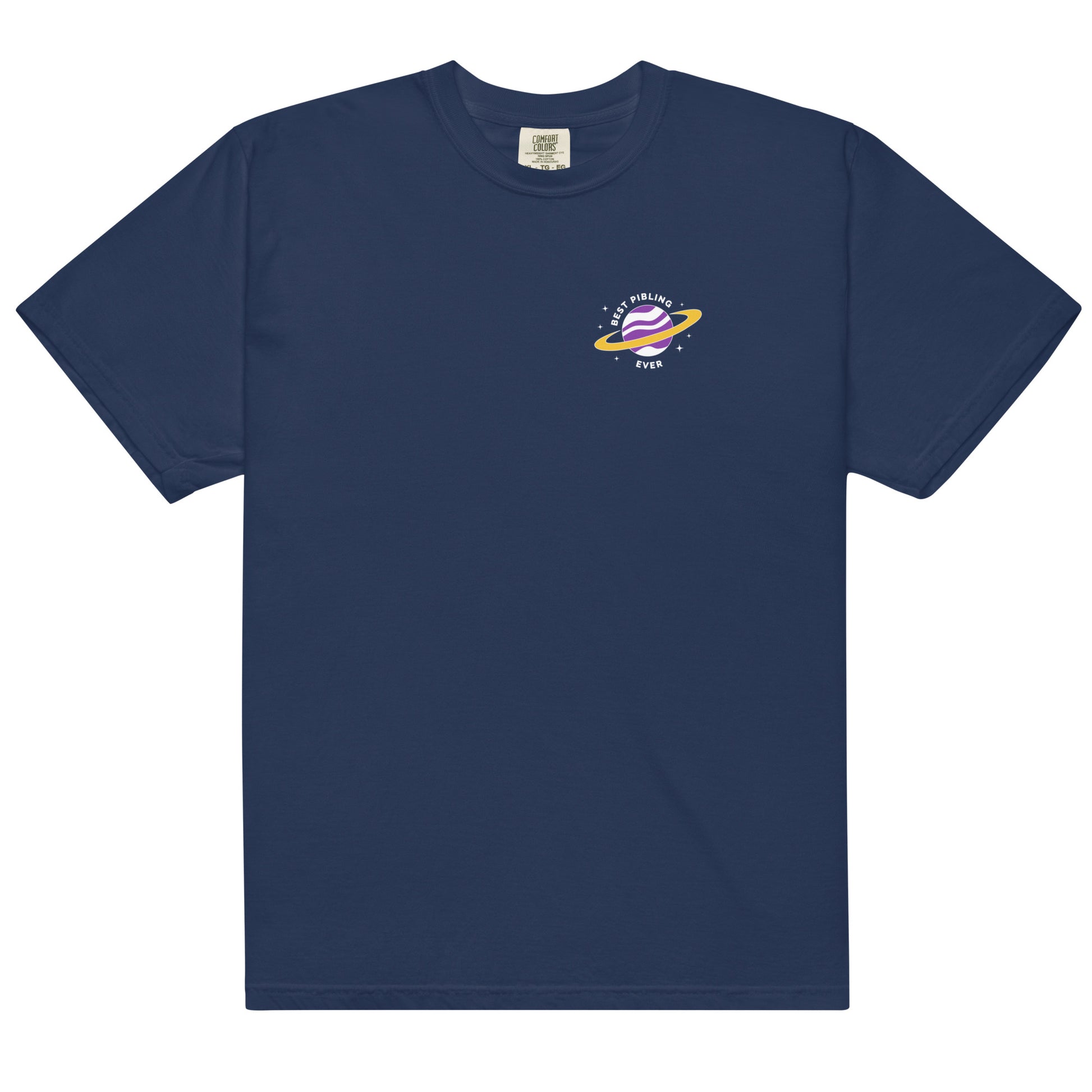 Navy blue t-shirt with a small logo on the chest against a white background