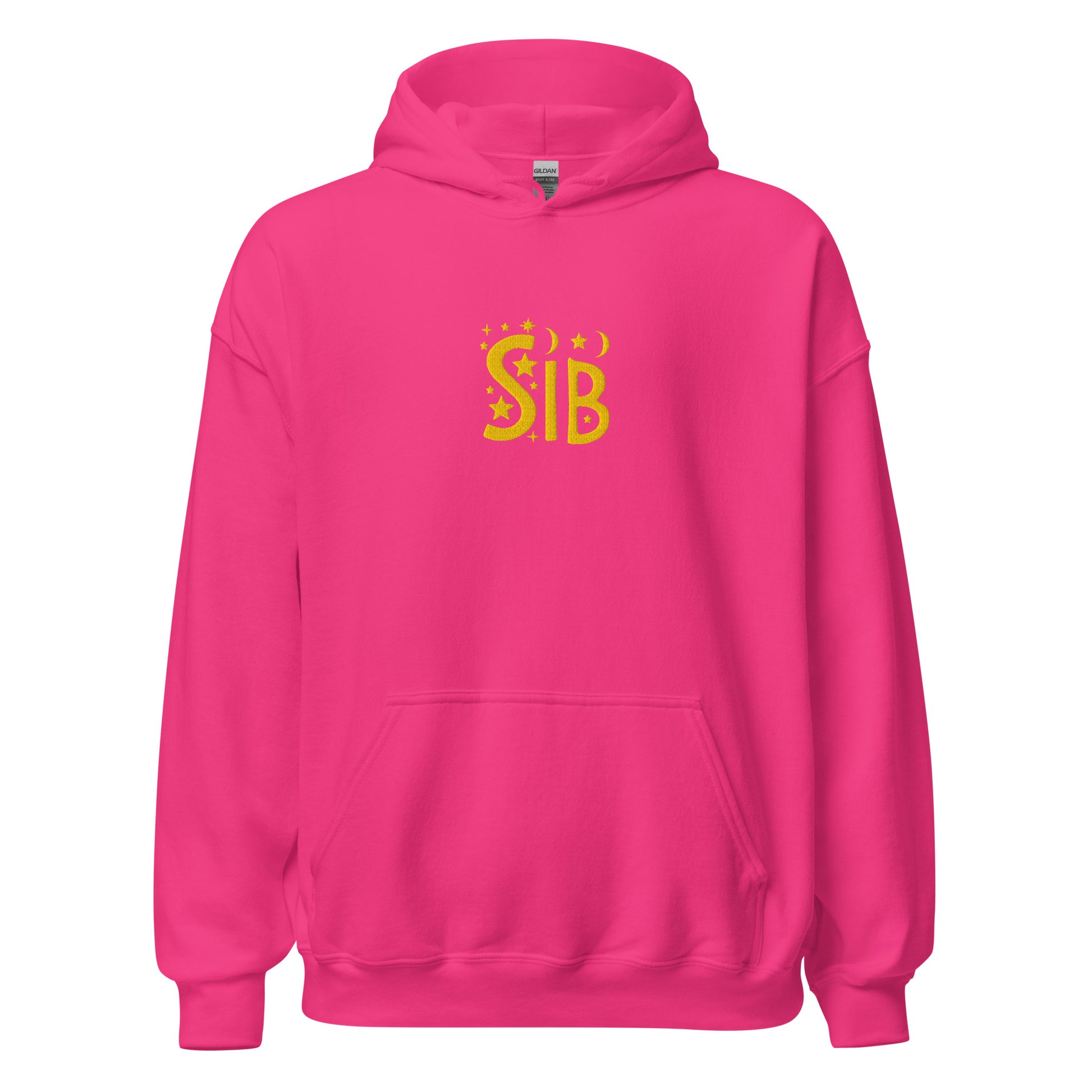 Pink hoodie with "sib" in gold embroidered text on a white background