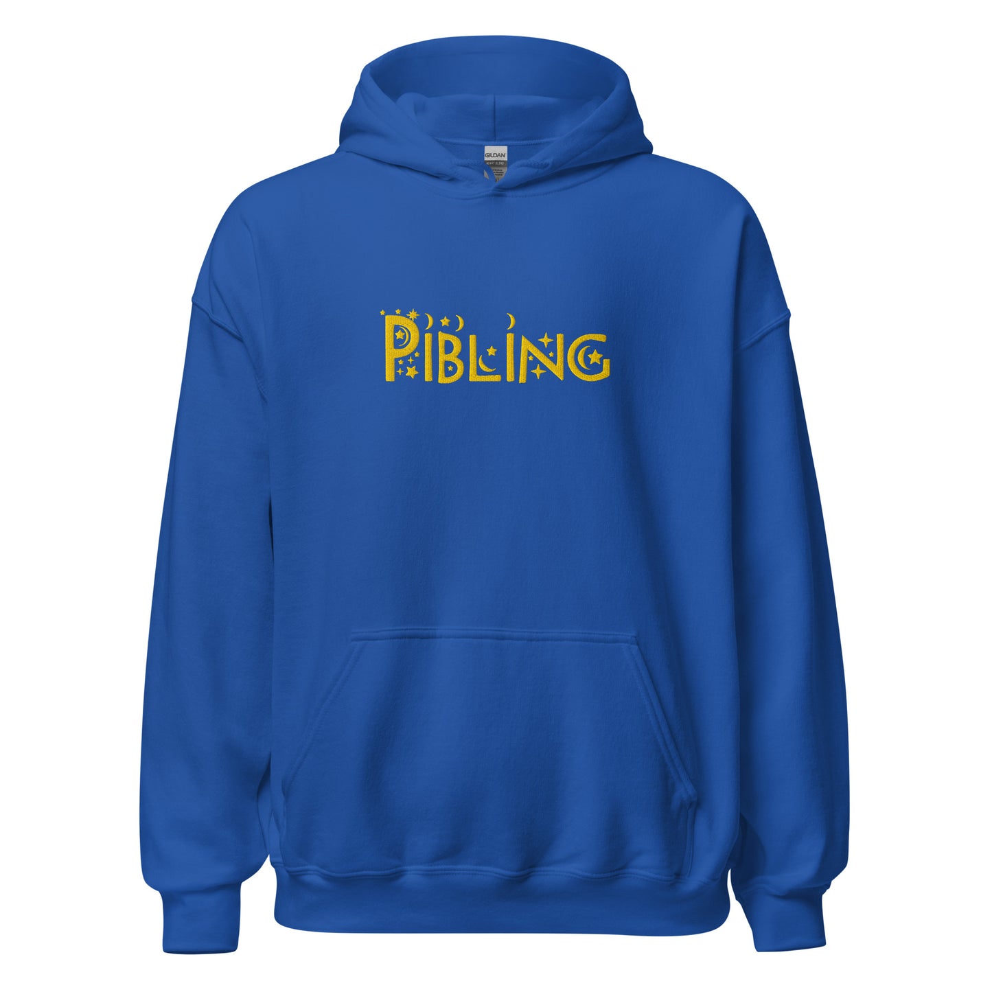 Blue hoodie with "pibling" in gold embroidered text on a white background