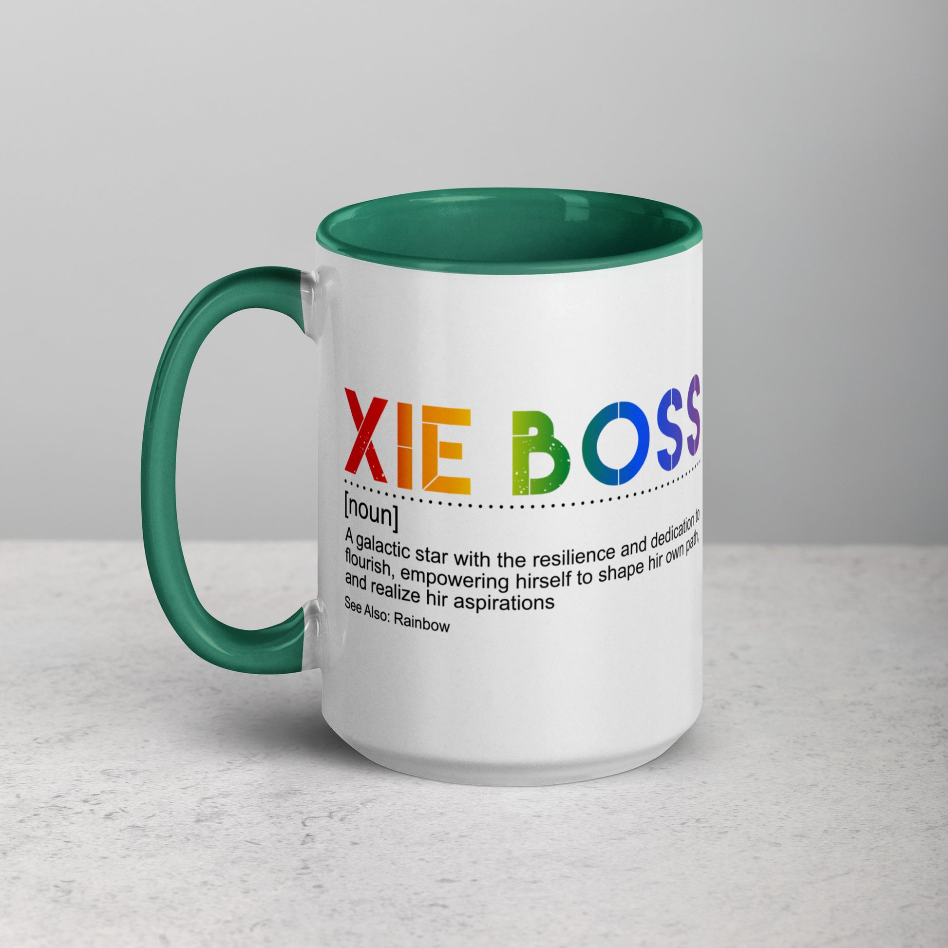 Mug with 'XIE BOSS' in pride-colored text on a gray background