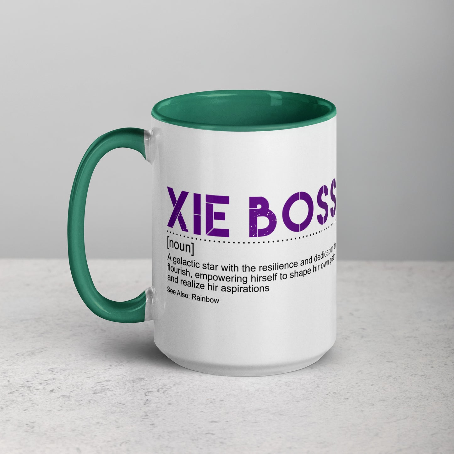 Mug with dark green handle and "xie boss" in purple text on a gray background