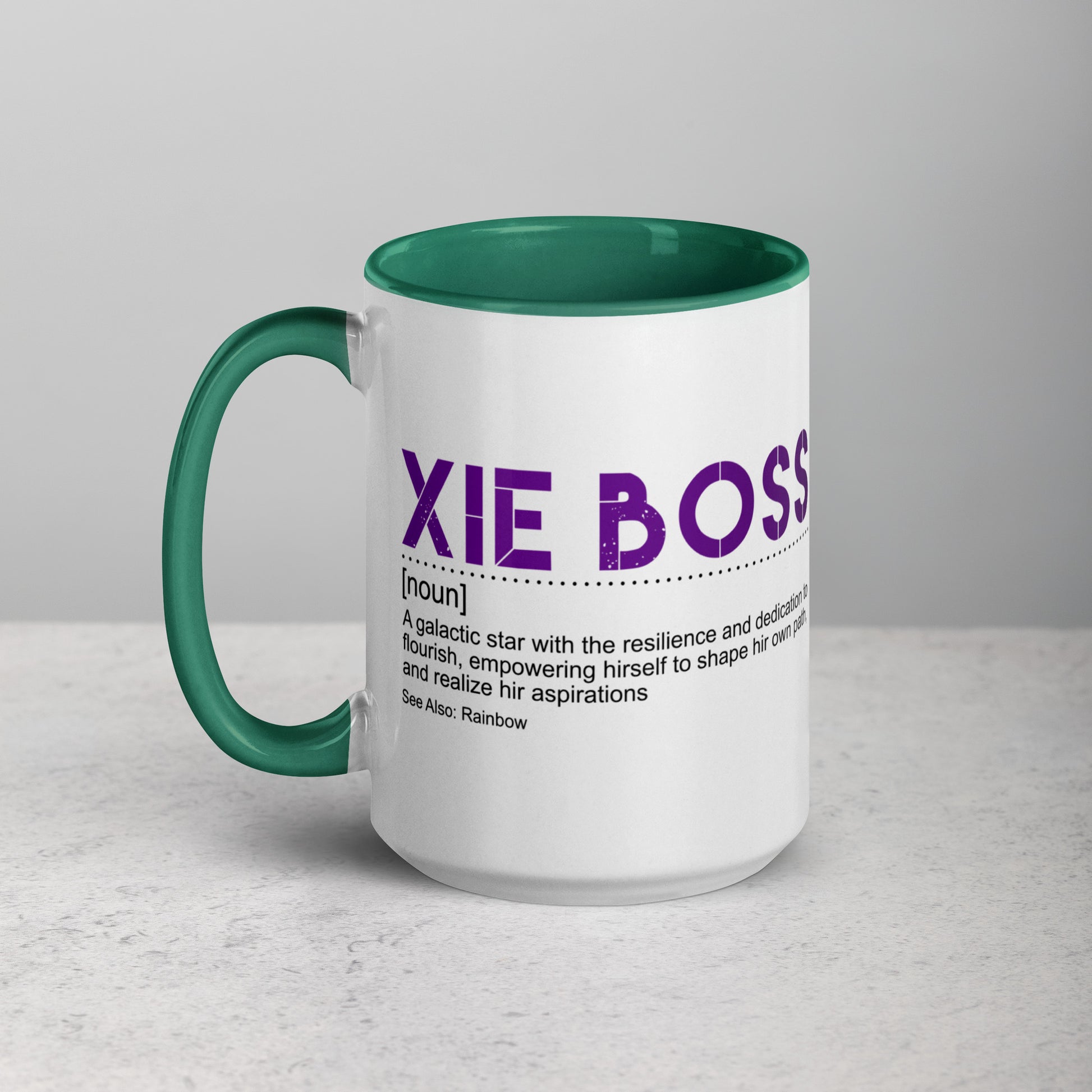 Mug with dark green handle and "xie boss" in purple text on a gray background